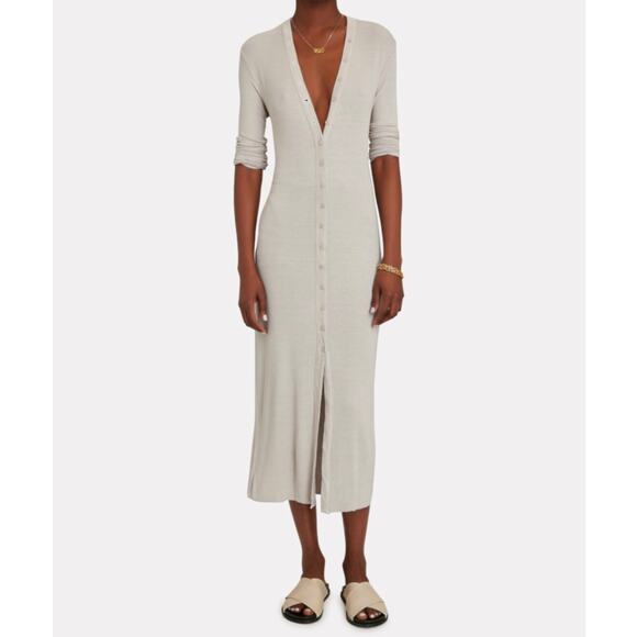 ENZA COSTA Silk Rib Cardigan Midi Dress Womens Small Ecru Tan Long Sleeve  NEW Midi